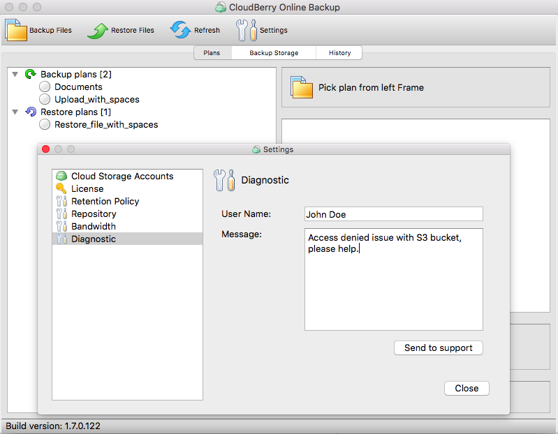  CloudBerry Backup for Mac OS X logs from GUI