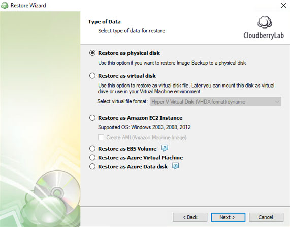 CloudBerry Backup Restore as physical disk