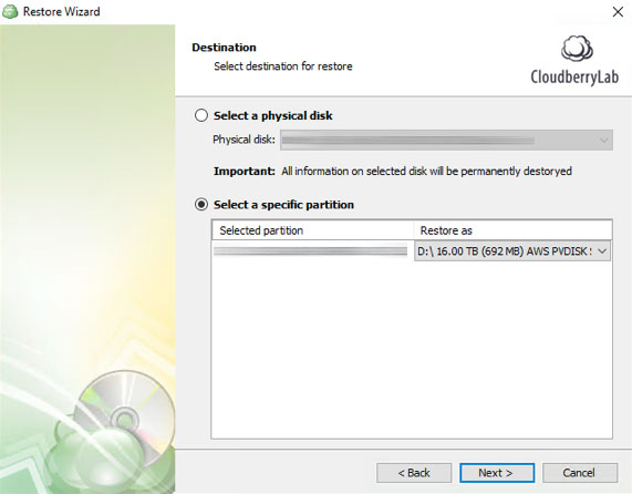 CloudBerry Backup restore 16 Tb destination