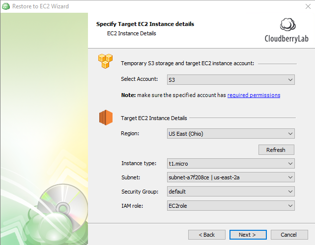 Target EC2 instance details